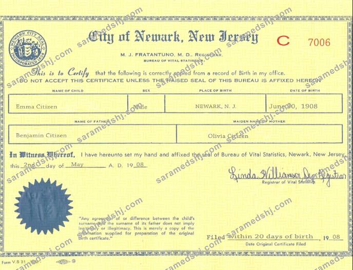 USA New Jersey birth certificate